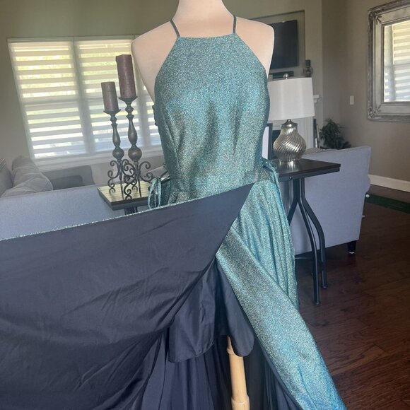 Juliet Formal Gown Size XXL Prom HOCO Dress Teal Sparkle Lace Up Sides High Neck - Picture 8 of 17
